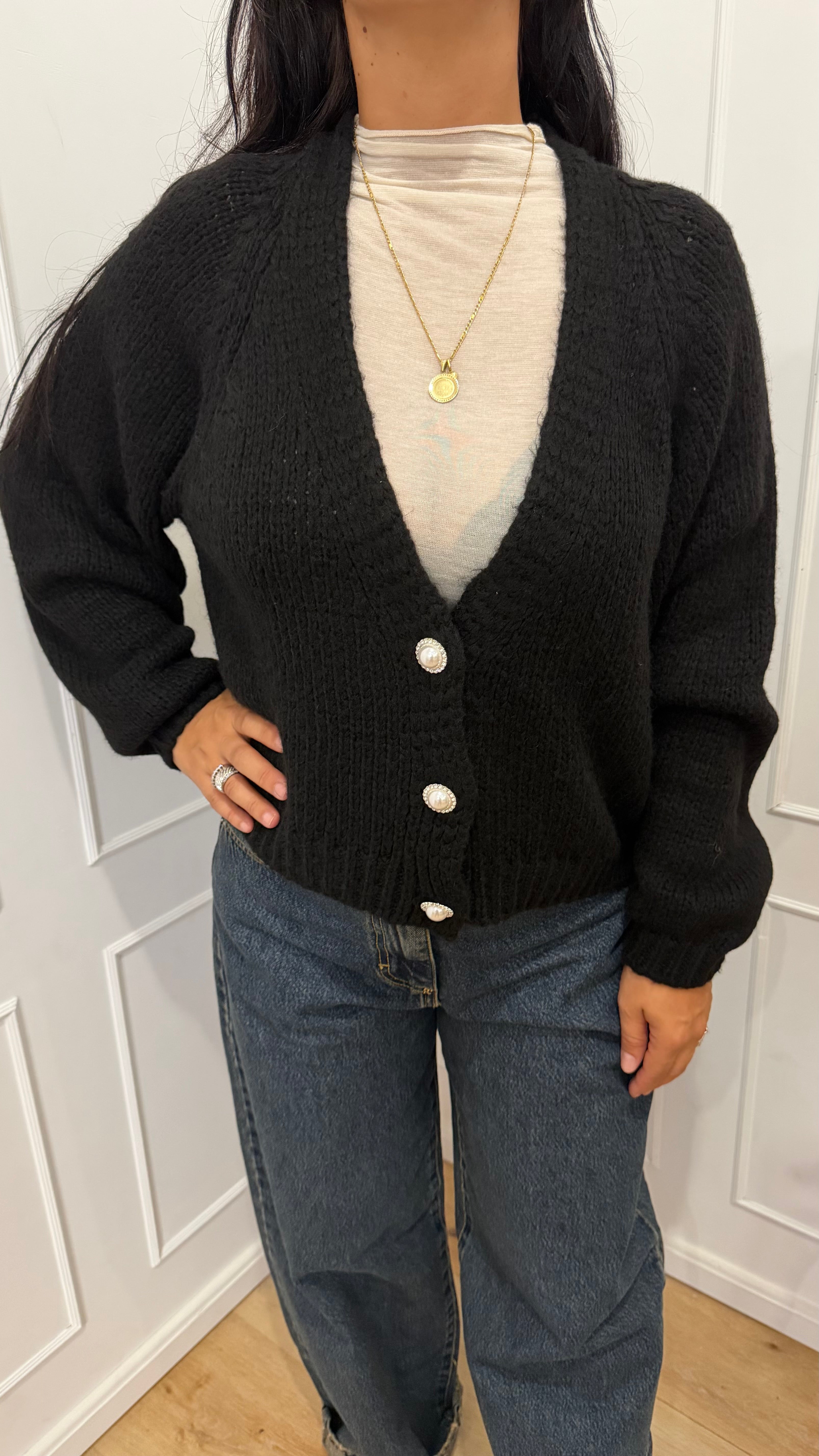 CARDIGAN BOTTONI GIOIELLO NERO - HAVEONE