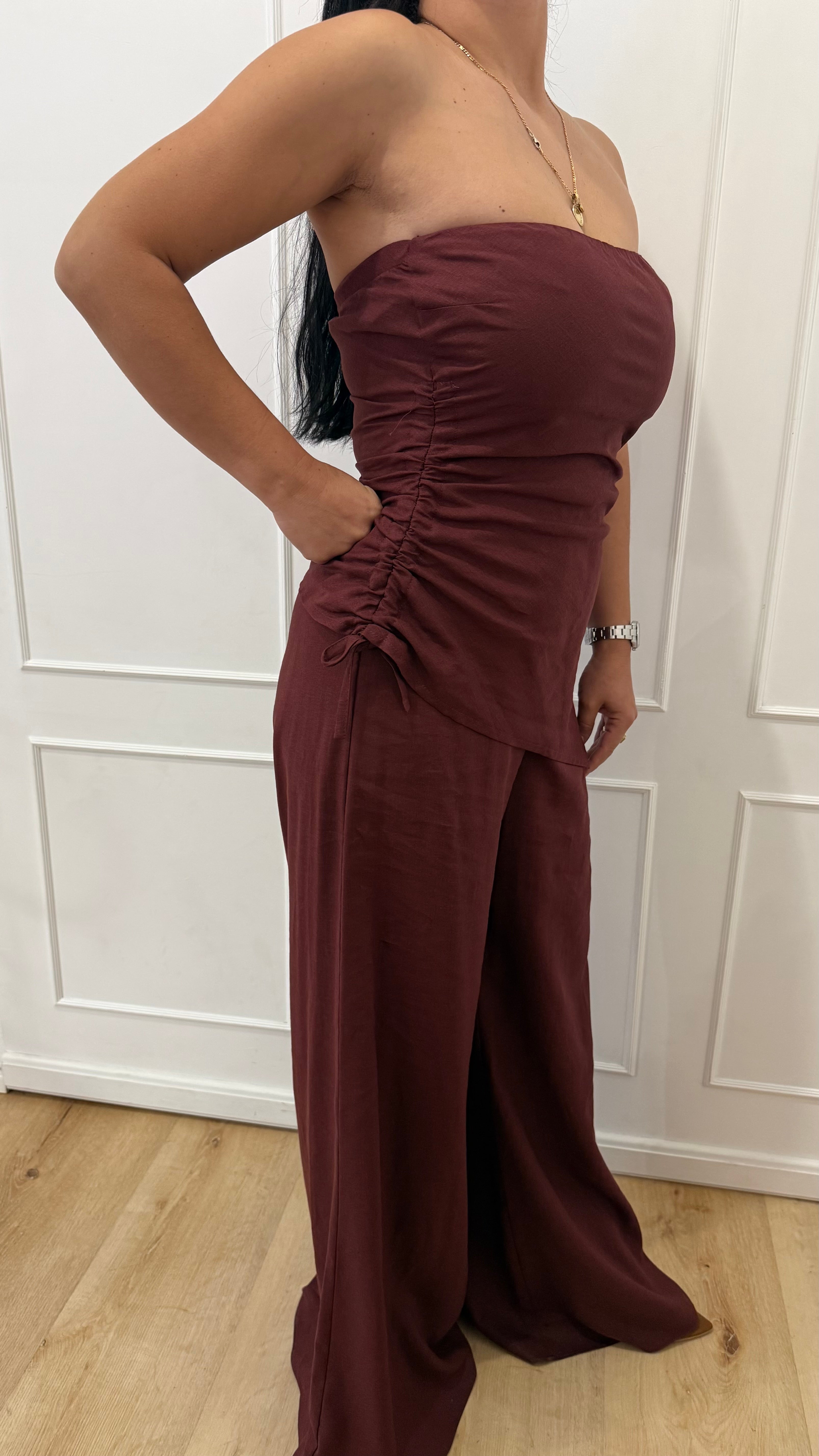 Completo top a fascia e pantalone brown berry Kontatto