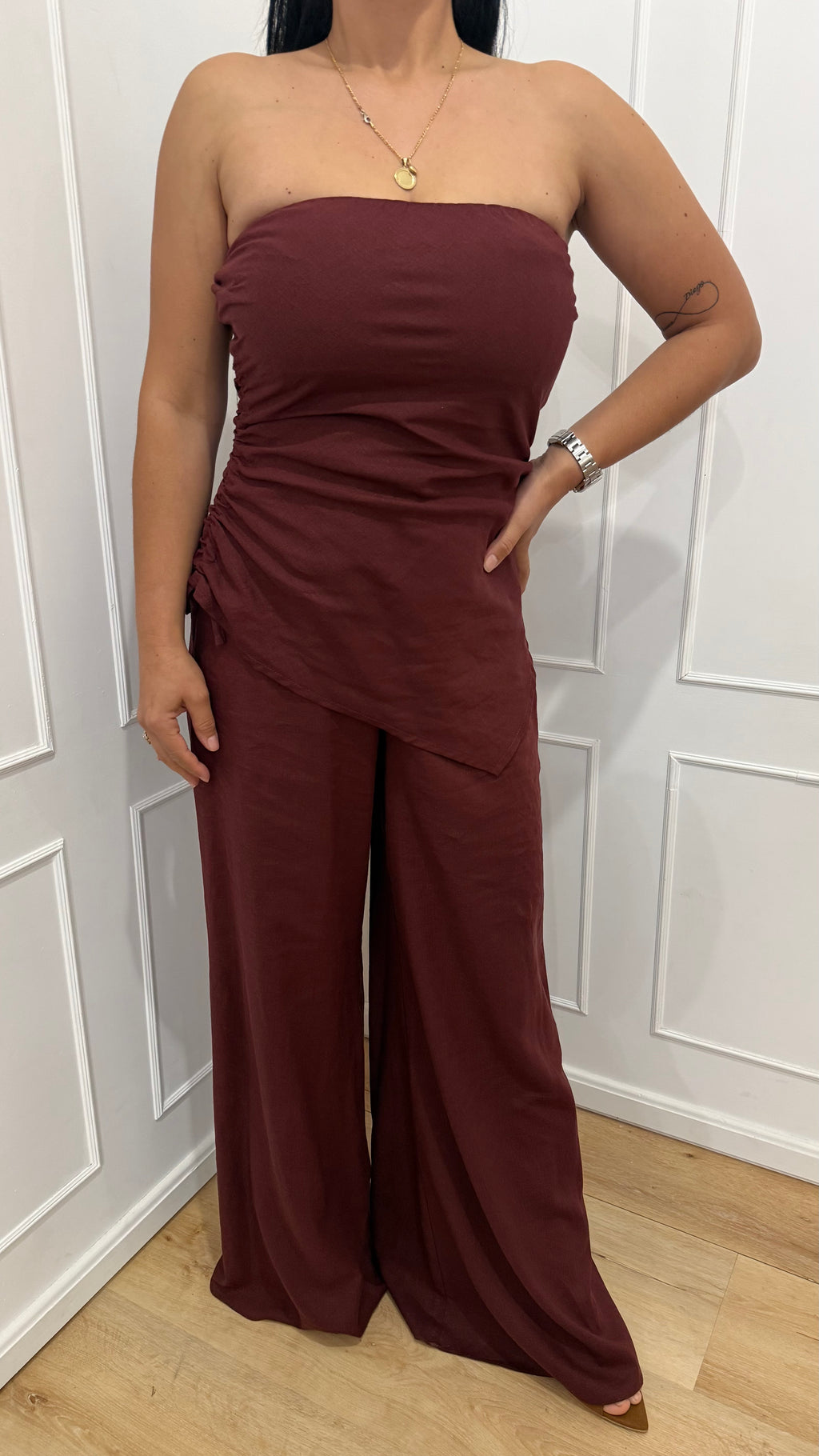 Completo top a fascia e pantalone brown berry Kontatto