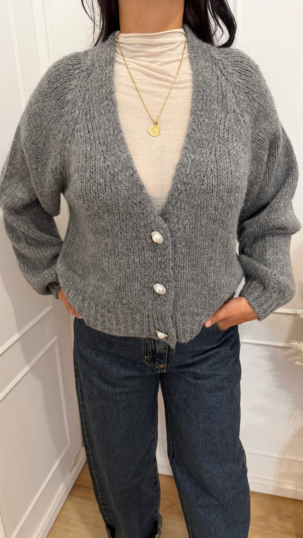 CARDIGAN BOTTONI GIOIELLO GRIGIO SCURO HAVEONE
