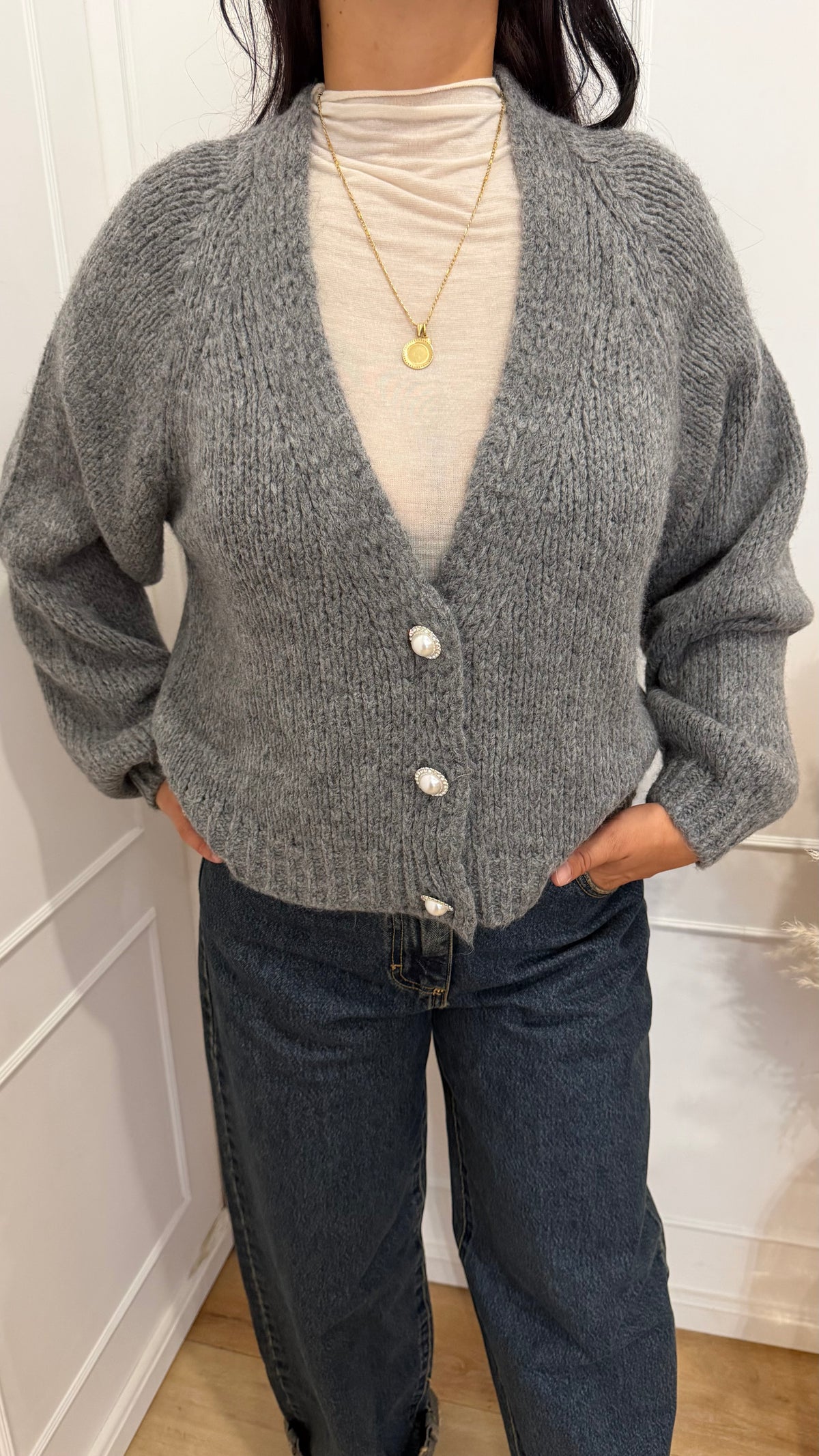 CARDIGAN BOTTONI GIOIELLO GRIGIO SCURO HAVEONE