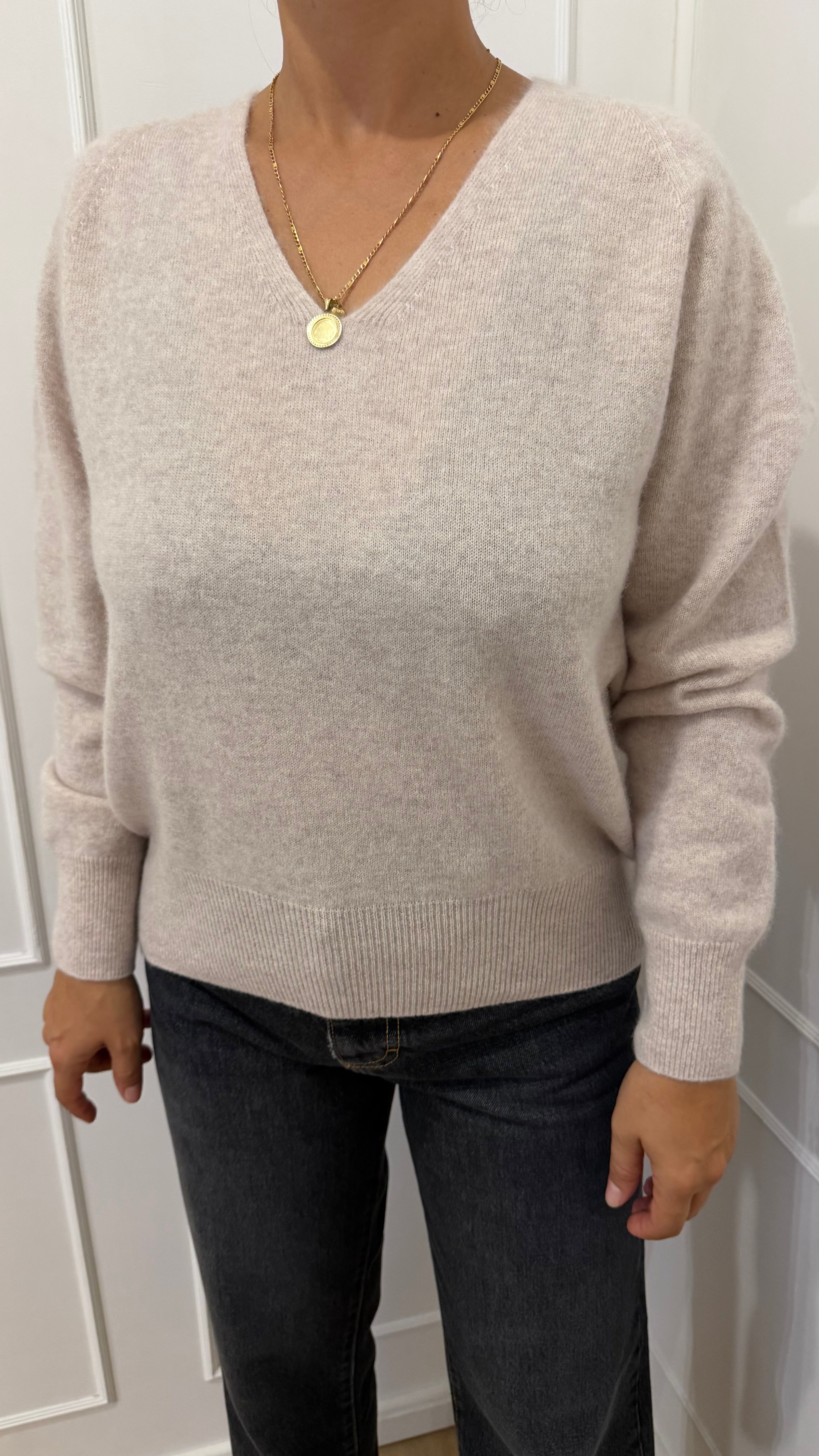Maglia beige scollo a V lana/cashmere senza cuciture