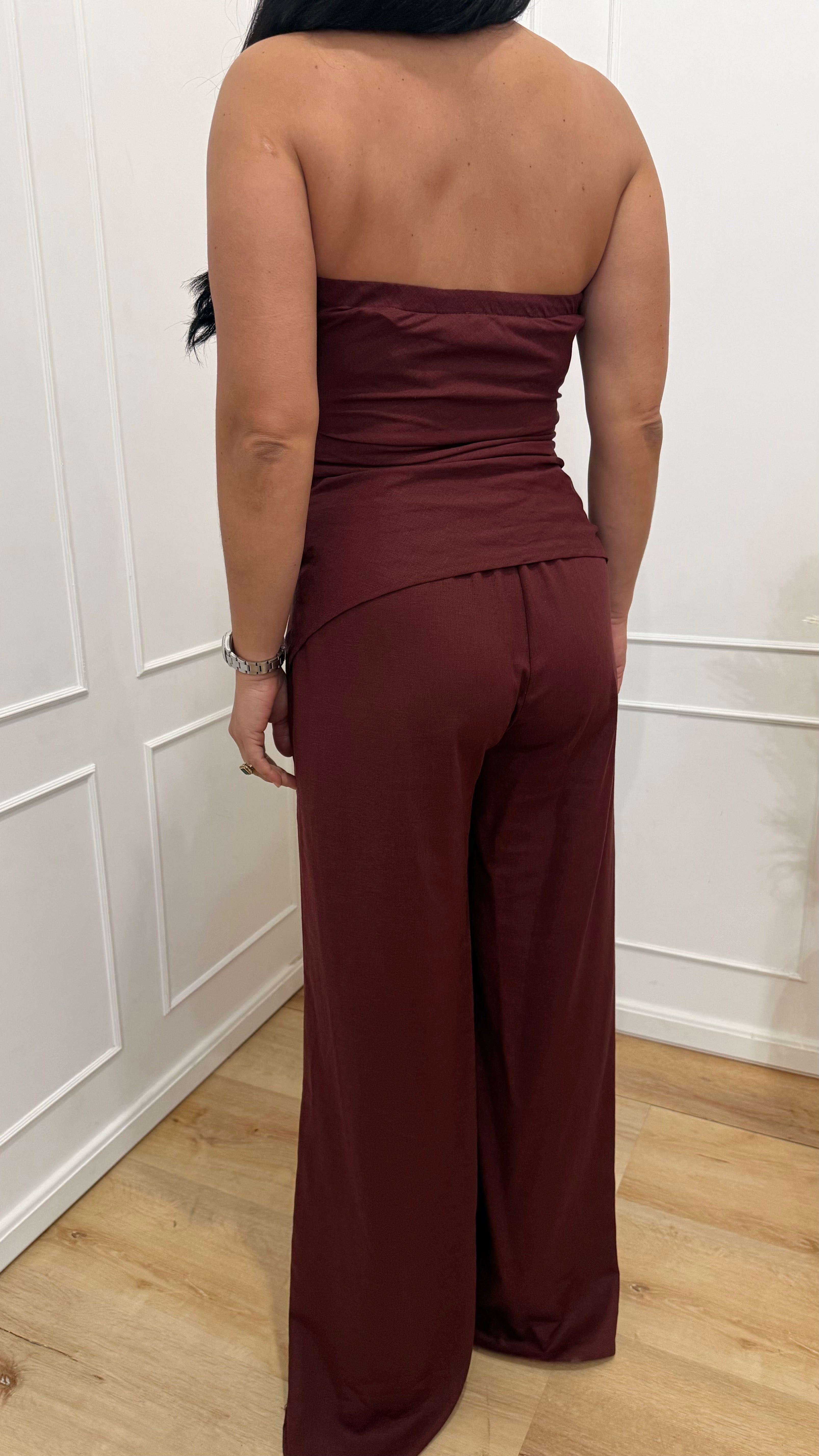 Completo top a fascia e pantalone brown berry Kontatto
