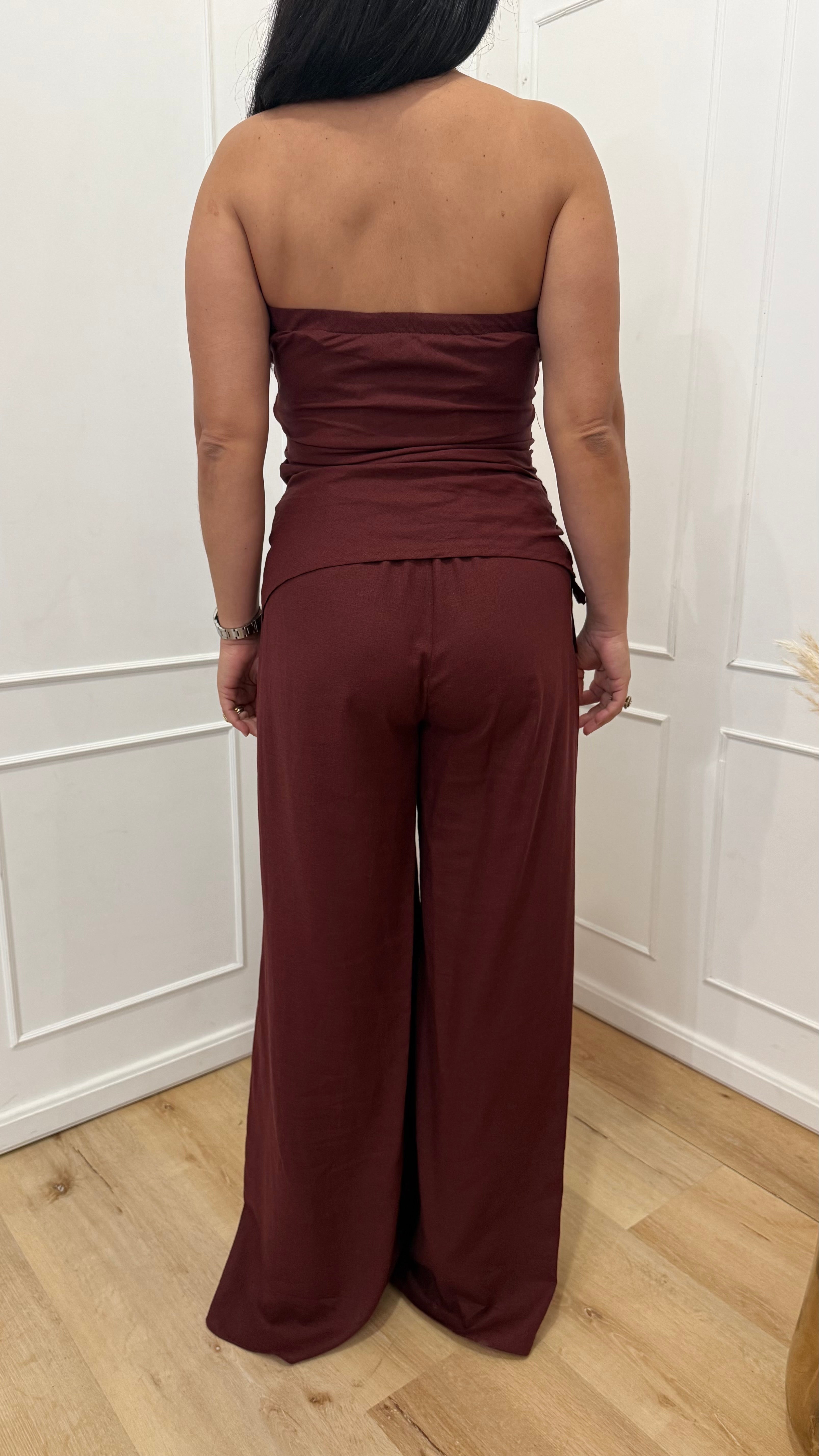 Completo top a fascia e pantalone brown berry Kontatto