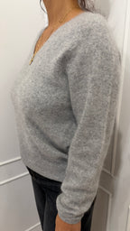 Maglia grigio scollo a V lana/cashmere senza cuciture
