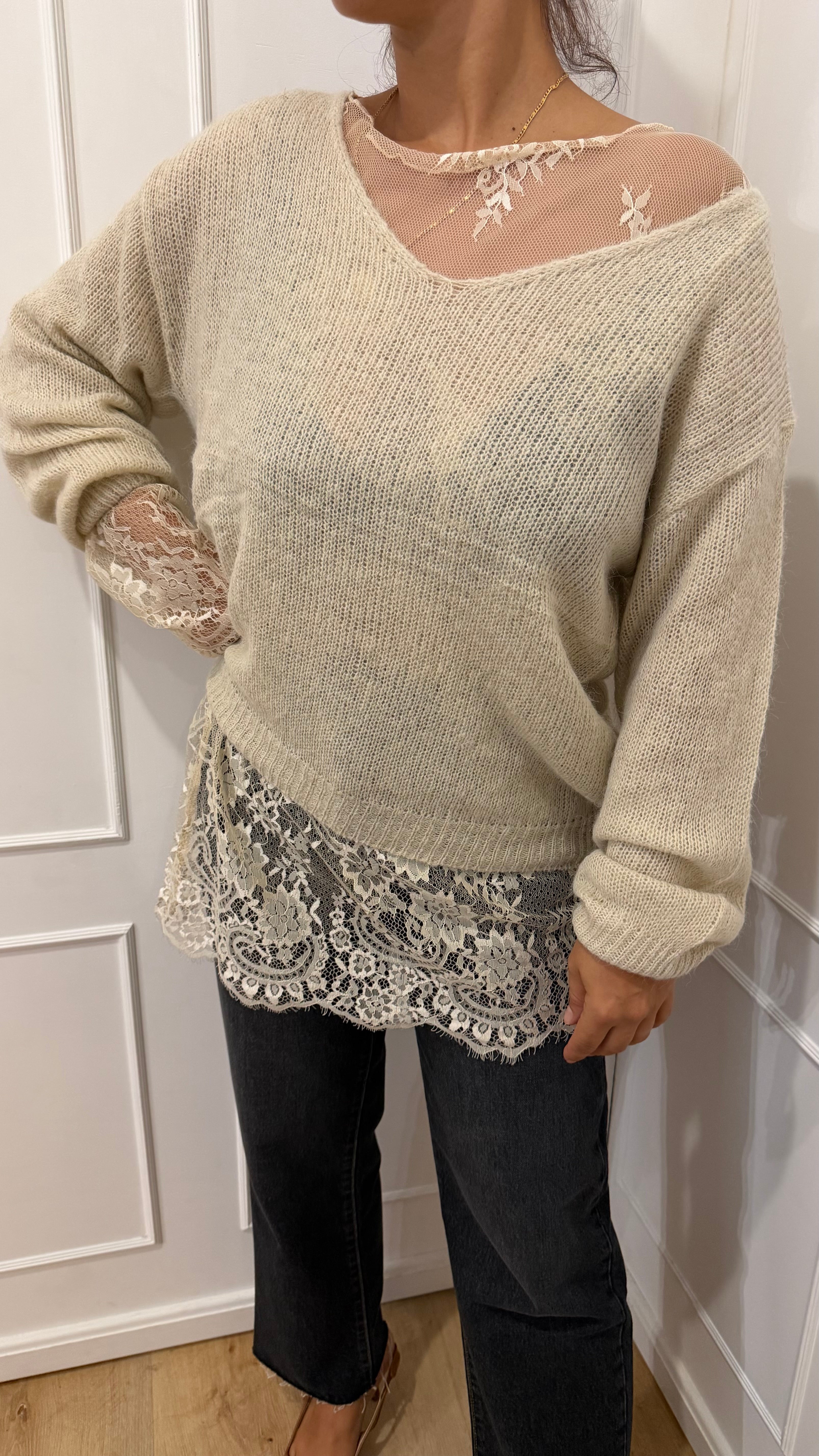 Maglia V più pizzo panna Susy Mix