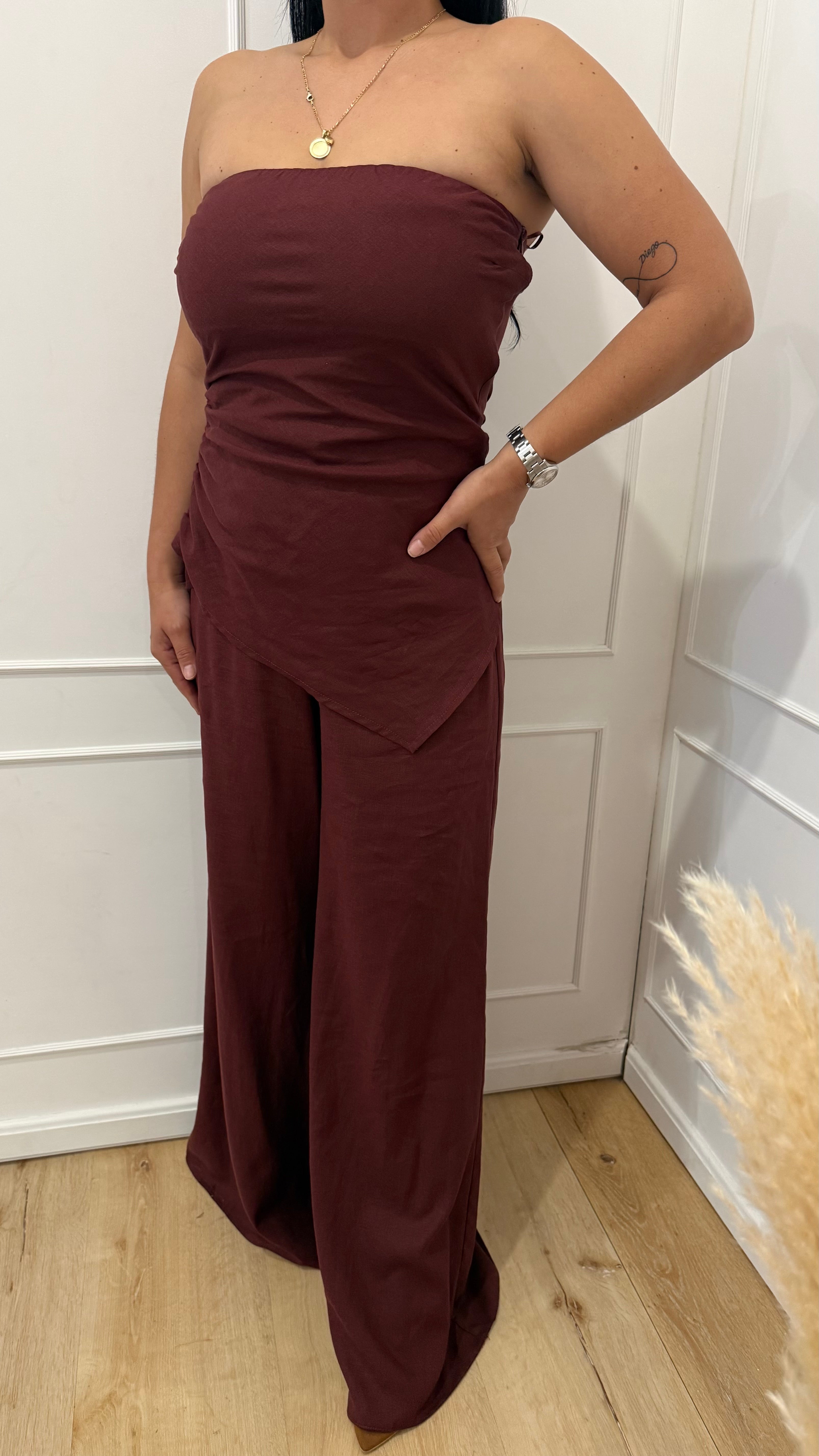 Completo top a fascia e pantalone brown berry Kontatto