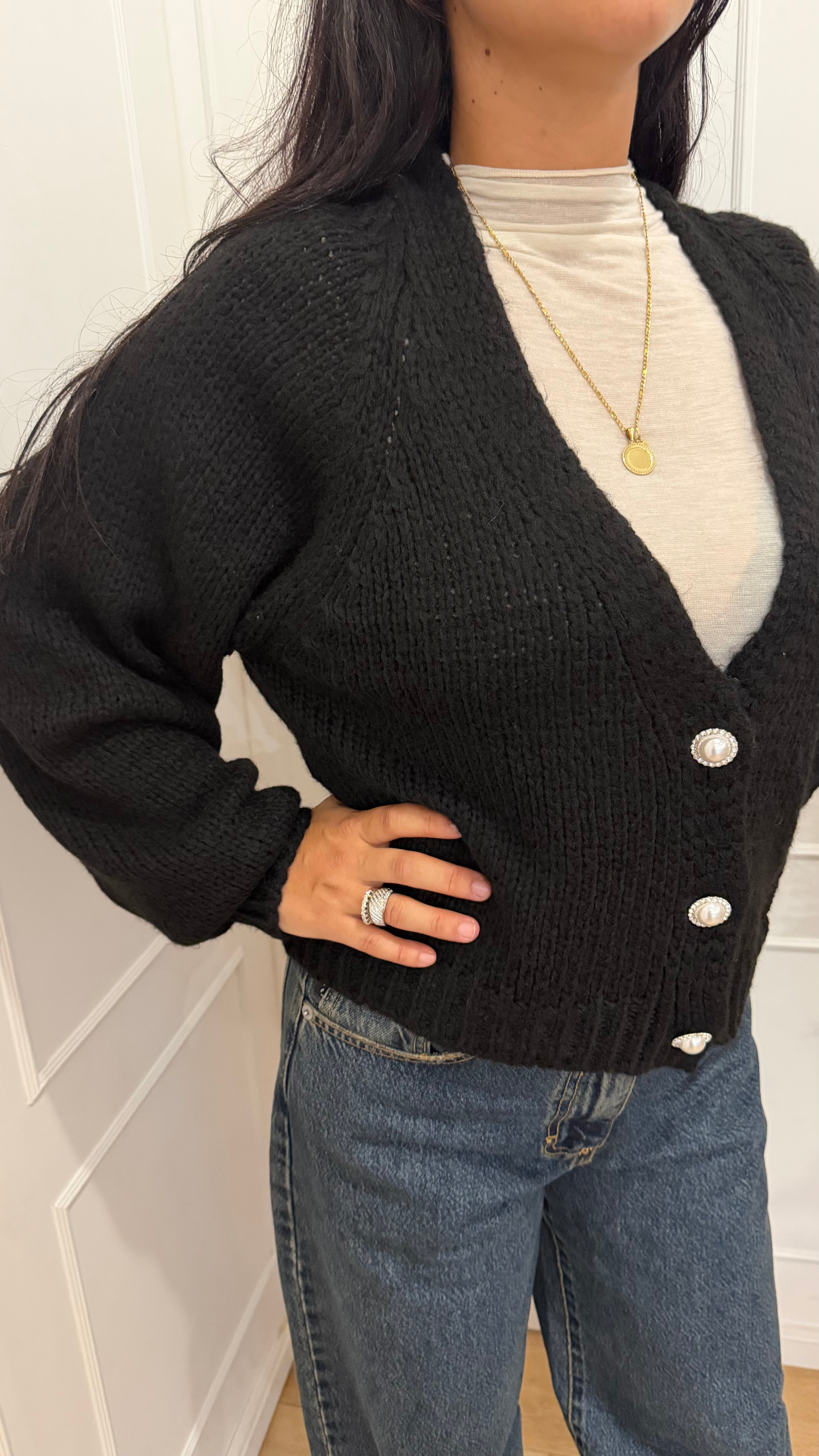 CARDIGAN BOTTONI GIOIELLO NERO - HAVEONE