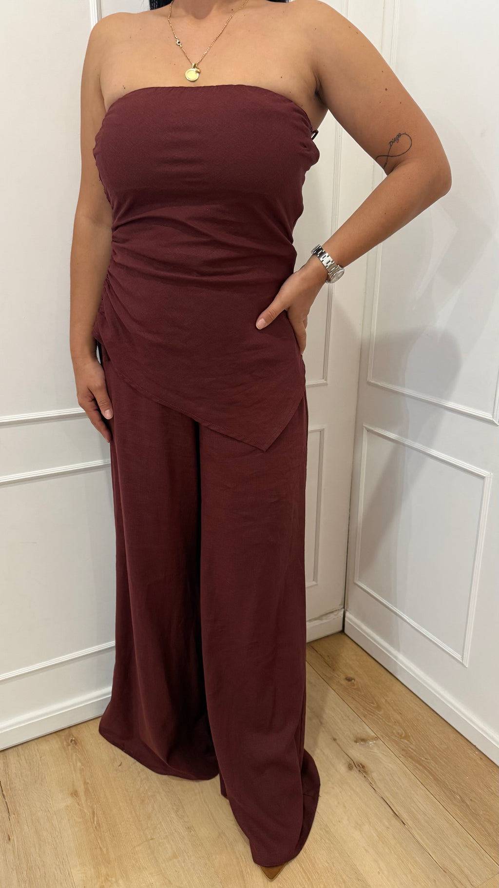 Completo top a fascia e pantalone brown berry Kontatto