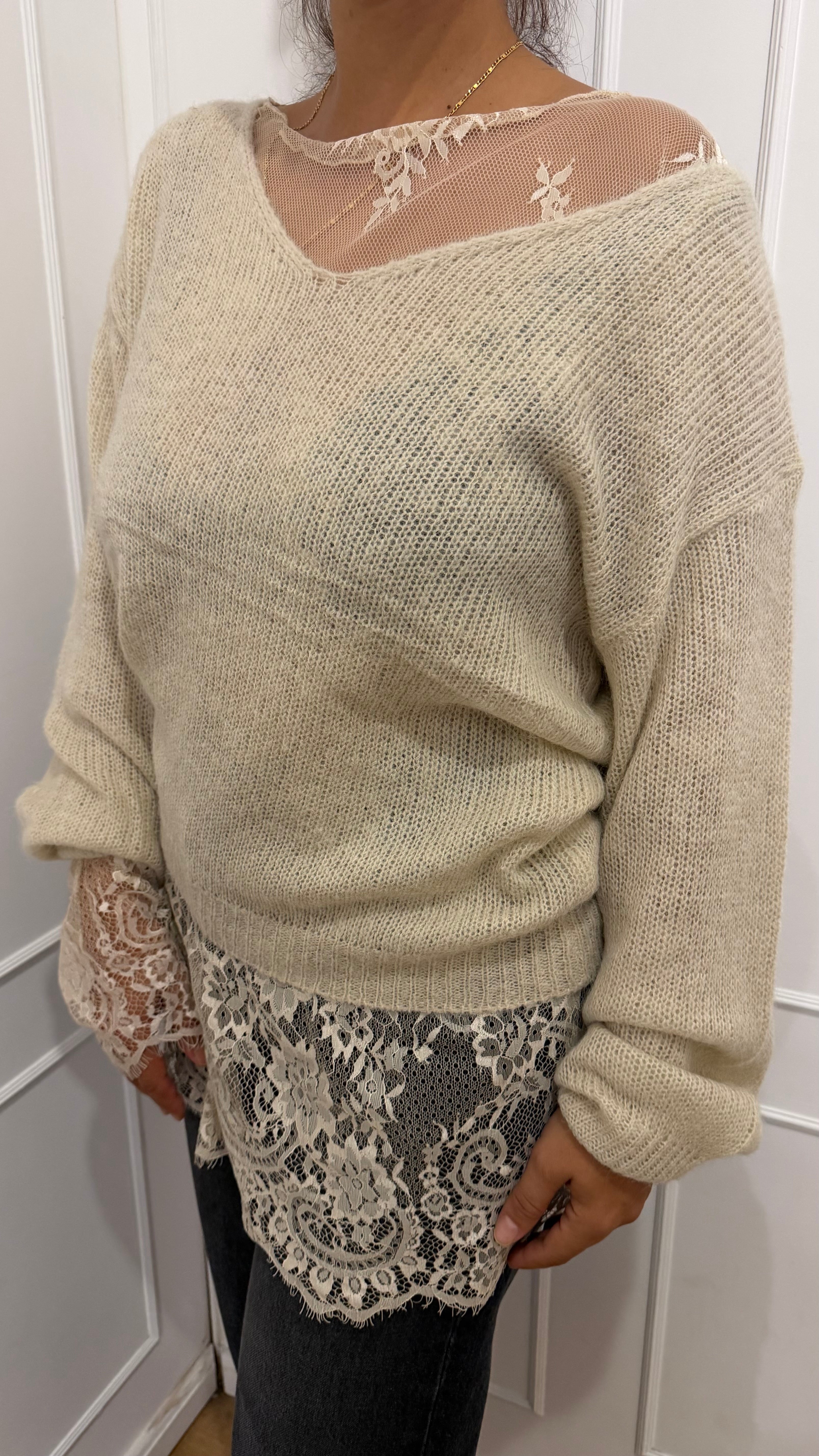 Maglia V più pizzo panna Susy Mix