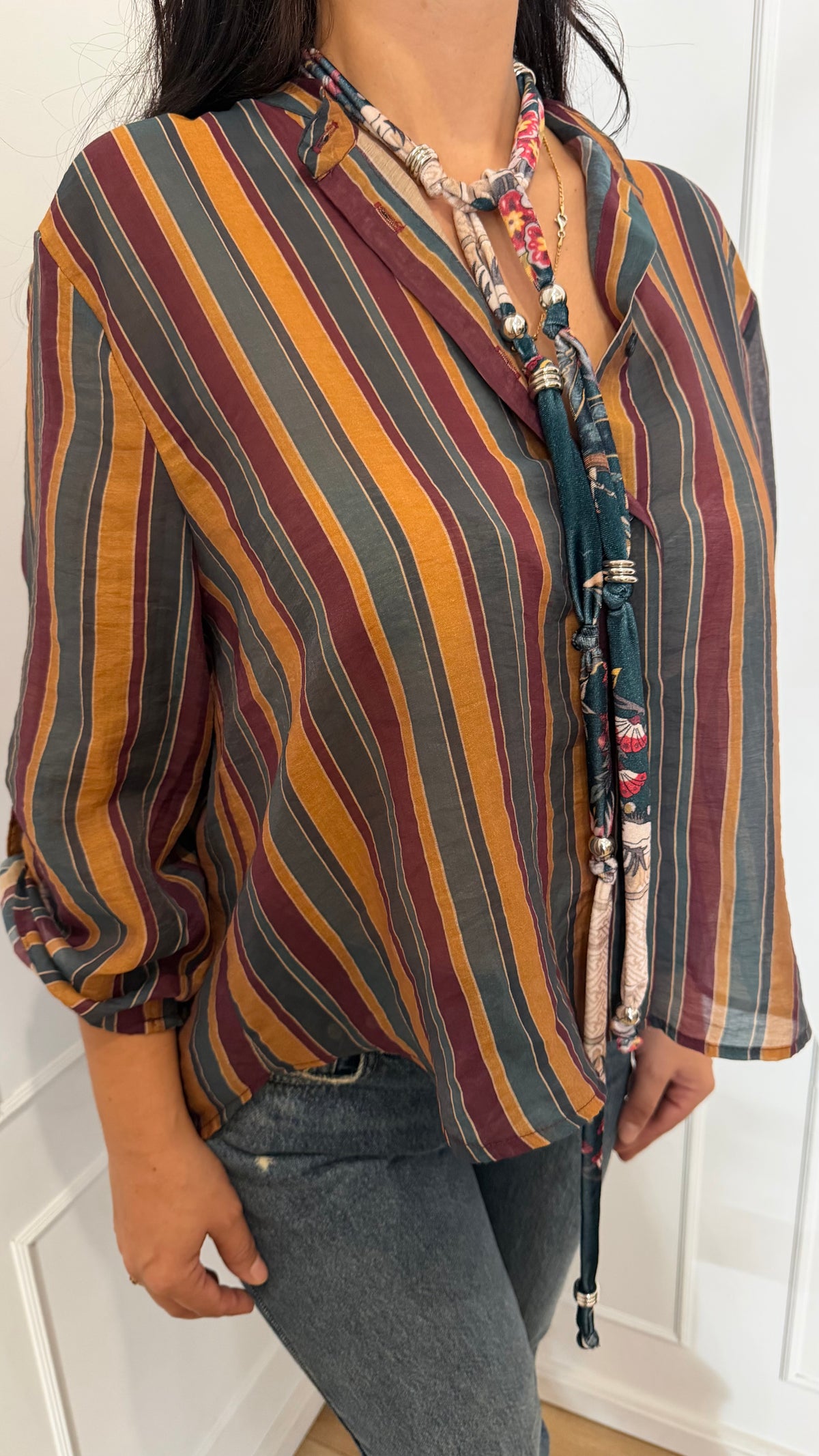 Camicia nomad con collana righe ottanio e ocra Haveone