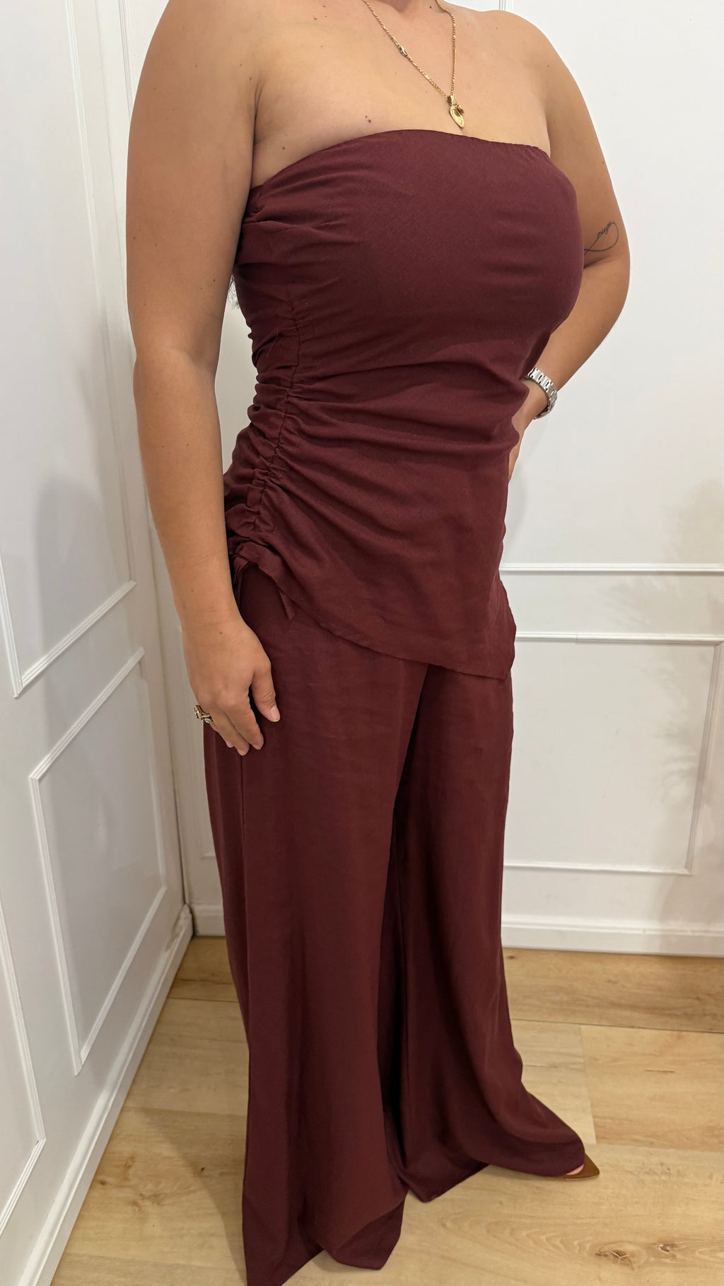 Completo top a fascia e pantalone brown berry Kontatto