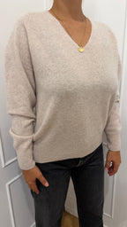 Maglia beige scollo a V lana/cashmere senza cuciture