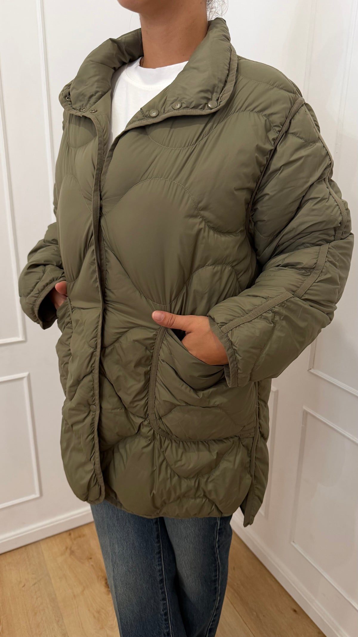 Piumino midi con impunture verde militare Haveone