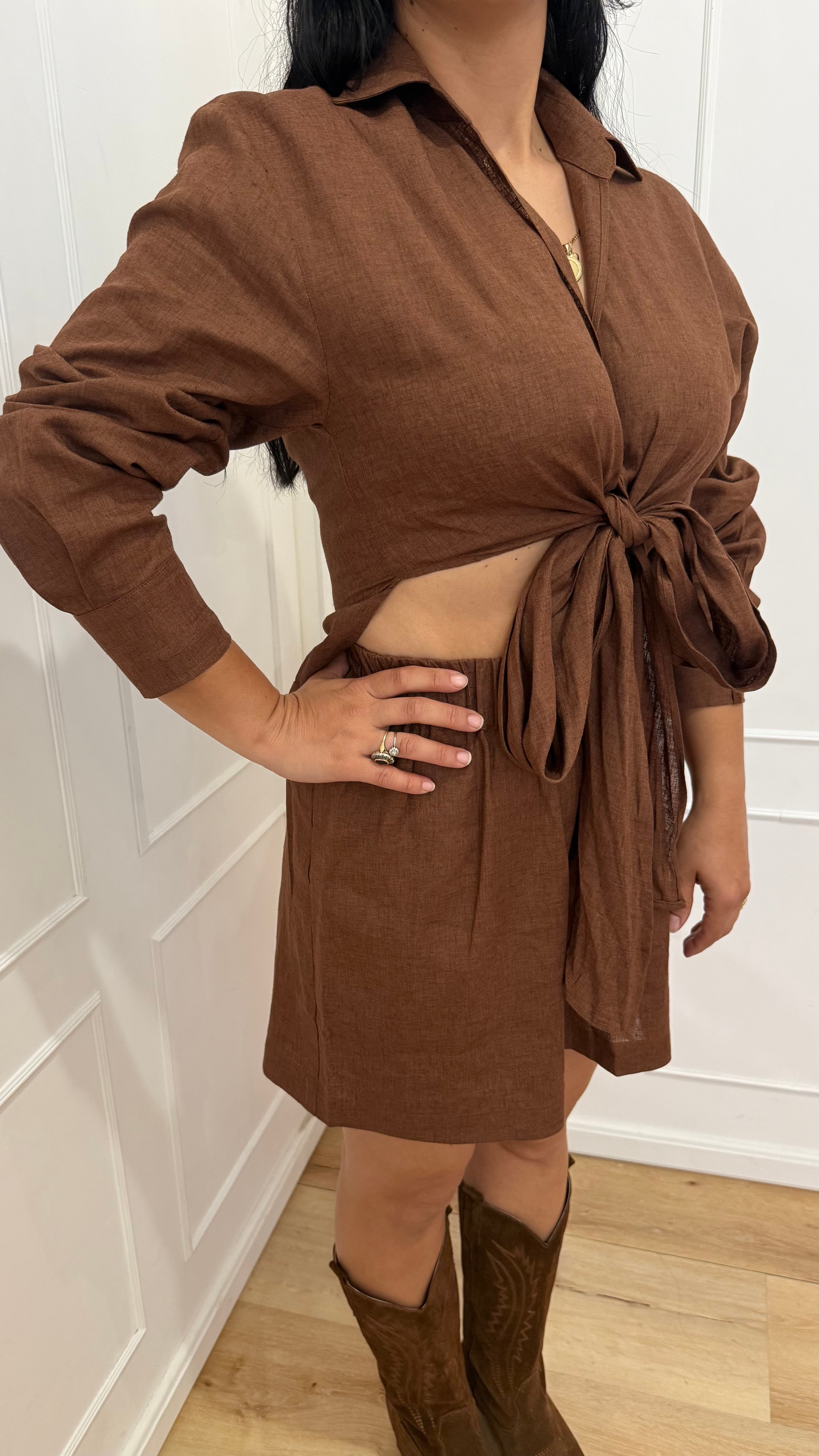 Camicia corta in lino con nodo moka Hinnominate