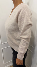 Maglia beige scollo a V lana/cashmere senza cuciture