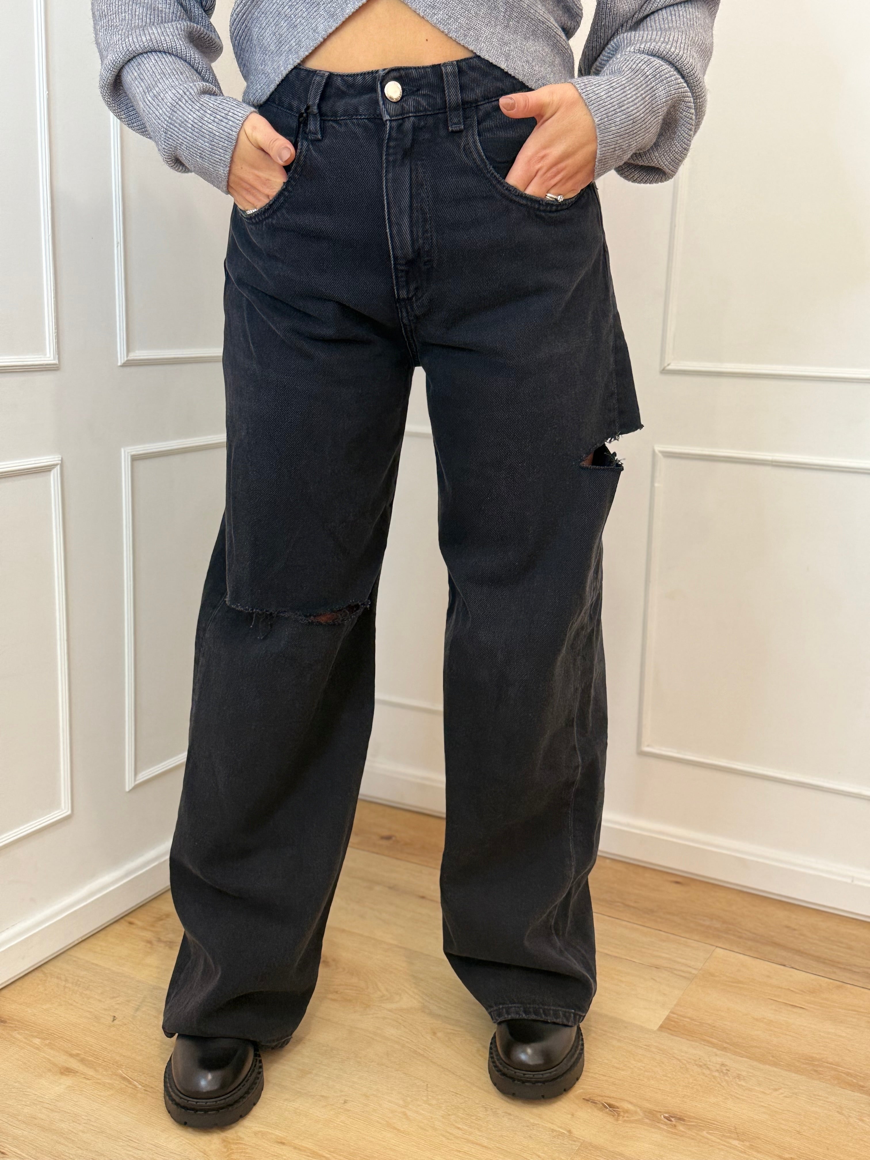 Jeans poppy nero con strappi icon denim