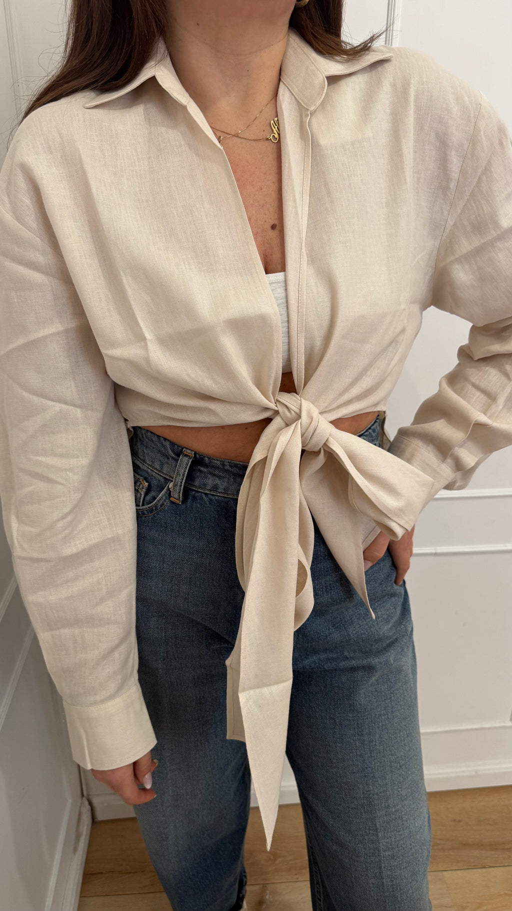 Camicia corta in lino con nodo beige Hinnominate
