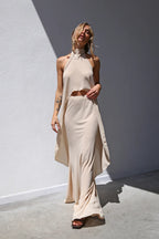 TOP ASIMMETRICO LEGATO AL COLLO VOILLE BEIGE