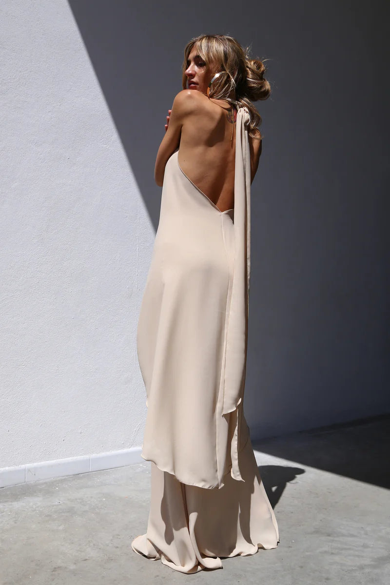 TOP ASIMMETRICO LEGATO AL COLLO VOILLE BEIGE