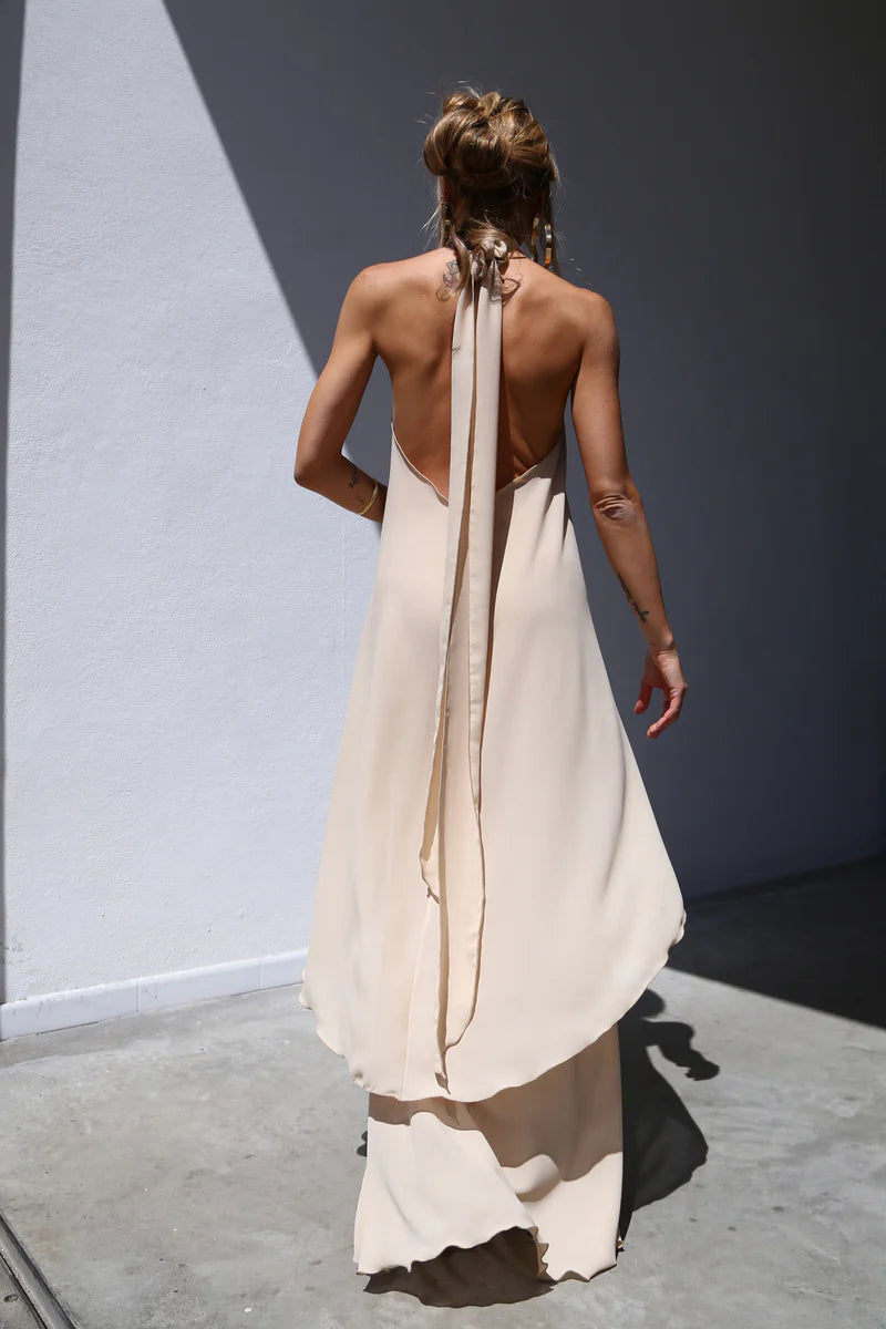 TOP ASIMMETRICO LEGATO AL COLLO VOILLE BEIGE