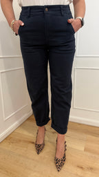 Pantalone vita bassa barrel blu kontatto