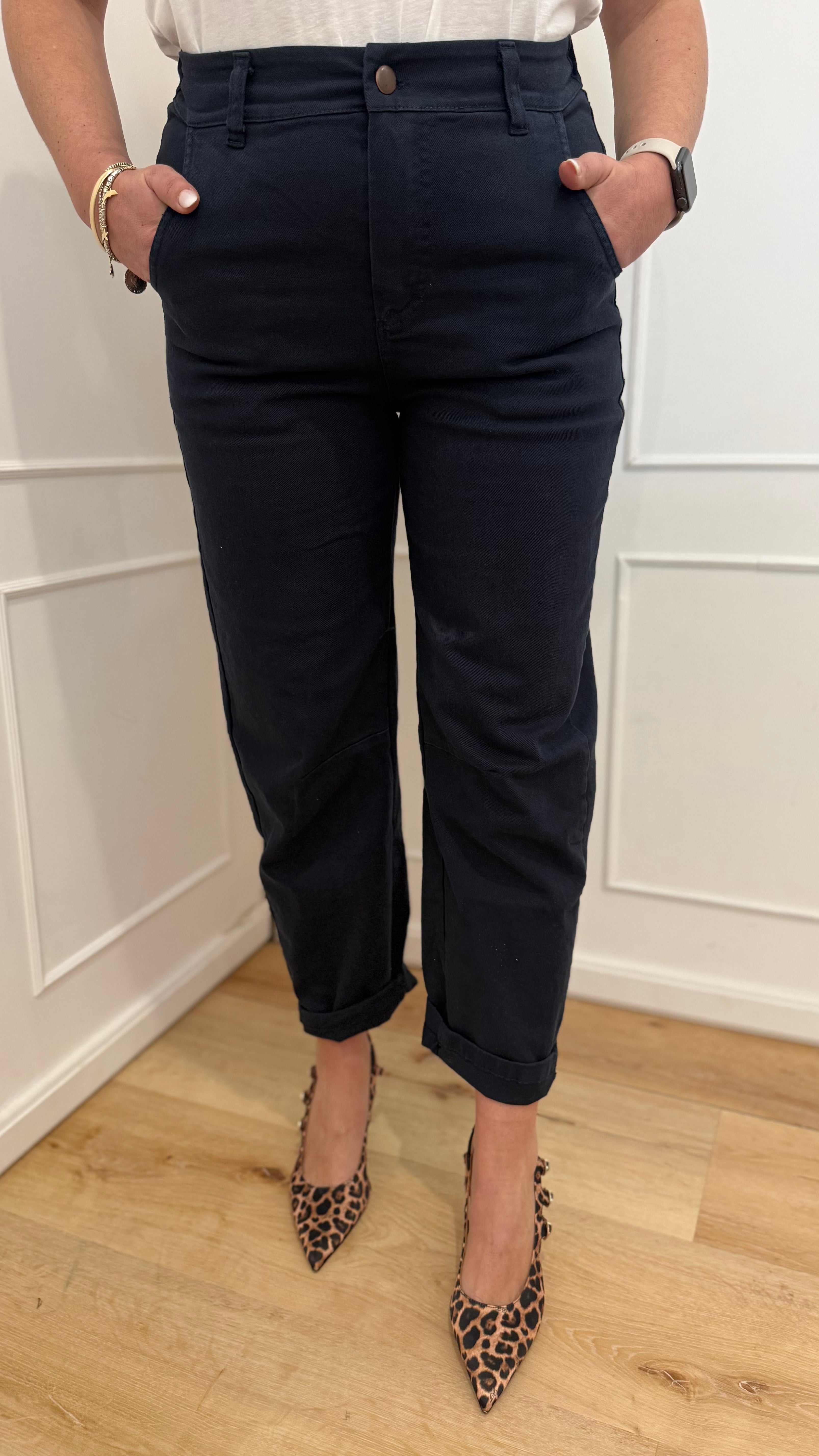 Pantalone vita bassa barrel blu kontatto