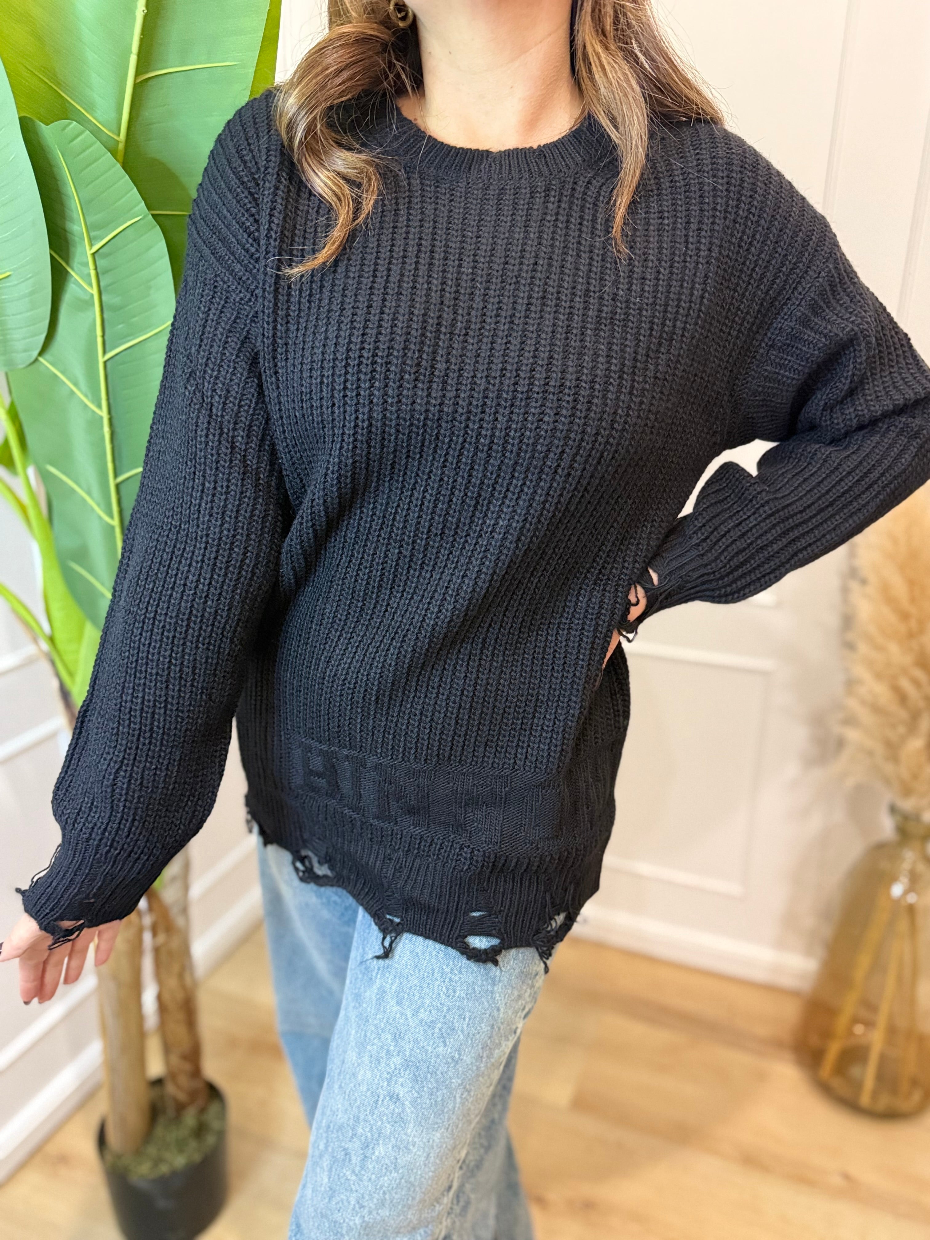 Maglia over paricollo perlata nera con rotture Hinnominate